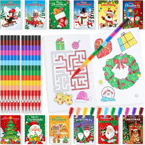 BenLouis Christmas Mini Coloring Activity Books Kids with Stacking Crayons Christmas Party Favors Bulk for Students Holiday Classroom School Gift Prizes Goodie Bags Stuffer （24set Coloring ）
