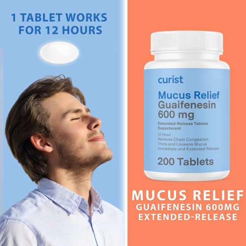 Curist Guaifenesin 600 mg Extended Release Tablets (200 Dye-Free Tablets) - Expectorant Mucus Relief, Generic Guaifenesin 600 mg, (Bulk Pack)