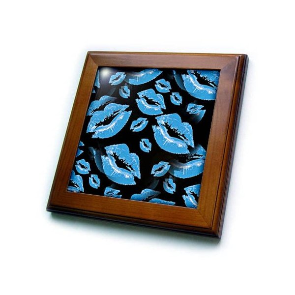 3dRose Two Kisses Collided Lip Boyish Blue Lips Pattern - Framed Tiles (ft_357231_1)