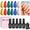 Beetles Glitter Gel Nail Polish, 6 Colors Red Blue Green Gel Nail Polish Set Soak Off Uv LED Nail Lamp Reflective Glitter Nail Art DIY Home Nails Perfect for Women Manicure