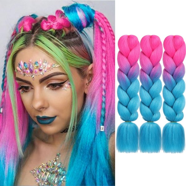 HAIRCUBE Ombre Braiding Hair 24 Inch 3 Packs Pre Stretched Box Braids Colorful Twist Braiding Hair Extensions Synthetic Crochet Braiding (Hot Pink to Cyan Blue)