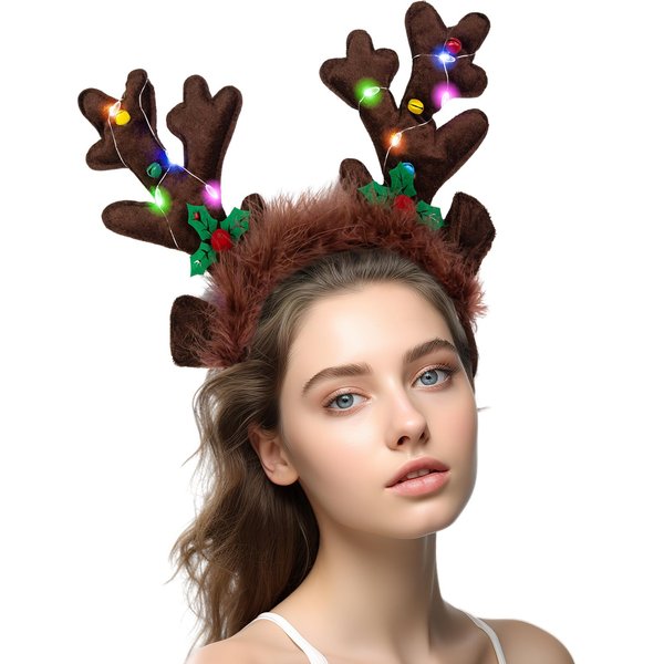 LovesTown Light Up Reindeer Antlers Headband, Christmas Reindeer Headband LED Plush Reindeer Headband for Christmas Party Costume