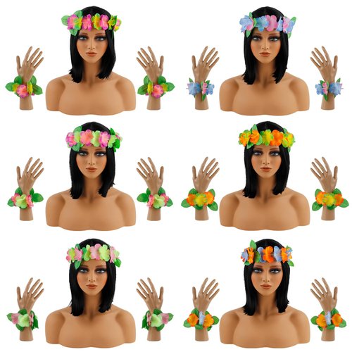 WLBON Hawaiian Headband Wristbands Hawaii Tropical Luau Women Leaf Flower Headpiece Hairband Hair Bands Bracelets Beach Summer Wedding Holiday Festival Birthday Dress Up Party Decorations Supplies
