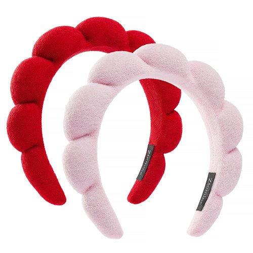 Ztomine Spa Headbands for Washing Face or Facial, Set of 2 Skincare Headbands, Terry Cloth Headband Face Wash Headband Combo Pack - Puffy Makeup Headbands for Face Washing, Mask(pink+red)