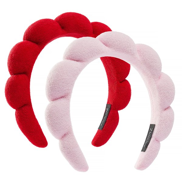 Ztomine Spa Headbands for Washing Face or Facial, Set of 2 Skincare Headbands, Terry Cloth Headband Face Wash Headband Combo Pack - Puffy Makeup Headbands for Face Washing, Mask(pink+red)