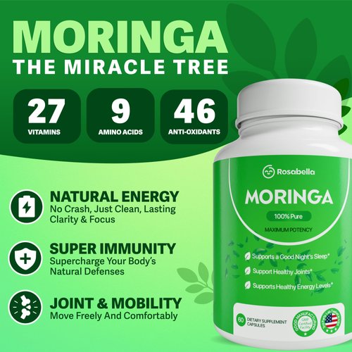 Rosabella Moringa Capsules - Pure Moringa Powder, Energy, Skin, Immune & Gut Health Superfood, Rich in Antioxidants, Essential Vitamins & Amino Acids, Natural Green Superfood Supplement - 60 Count