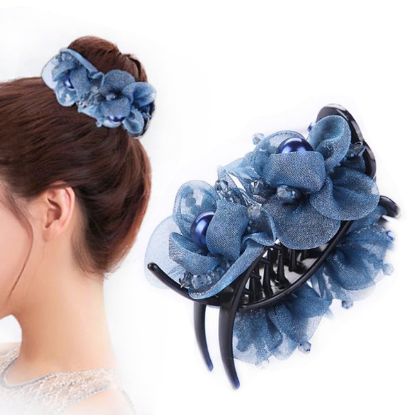 iRIIRIO 1pc Upscale Hair Claw Clips Hair Jaw Clips Decorated with Gauze Flowers and Pearl Beads for High Hair Bun Holder Hair Accessory for Women Girls (Blue)
