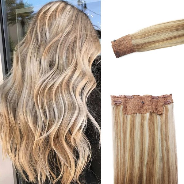 Halo Hair Extensions Real Human Hair 16inch 80g Balayage Ombre Blonde Human Hair Halo ExtensionsGolden Blonde with Medium Blonde Invisible One piece Secret Fish Line Wire In Remy Halo Hair Extensions
