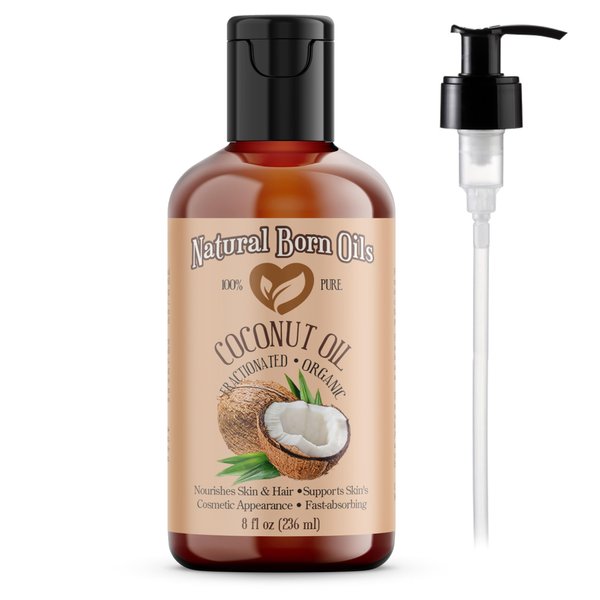 Natural Born Oils Coconut Oil Fractionated, 8oz, Organic, Cold-Pressed, Non-Greasy, Skin Moisturizer, Hair Shine Enhancer