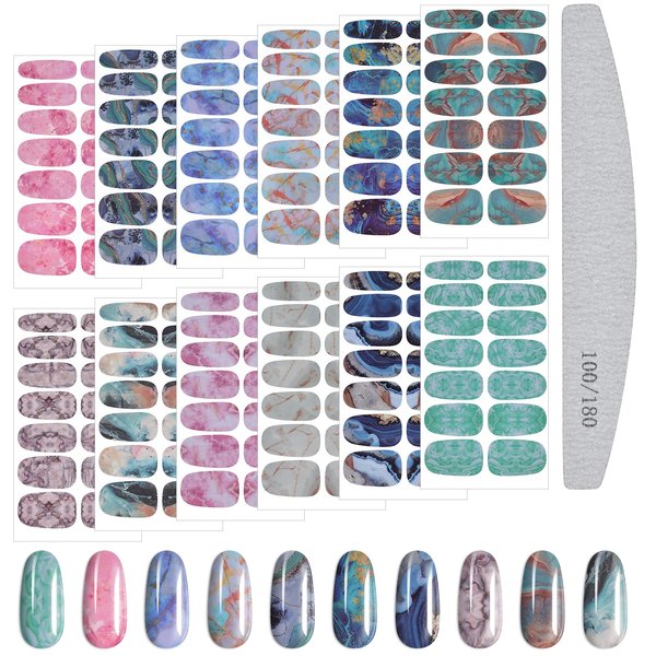 12 Sheets Marble Nail Art Polish Stickers Full Wrap Strips, TOROKOM Self-Adhesive Nail Polish Stickers Decal Marble Printed Full Wraps Strips Nail Art Polish Decals with Nail File for Women Girls