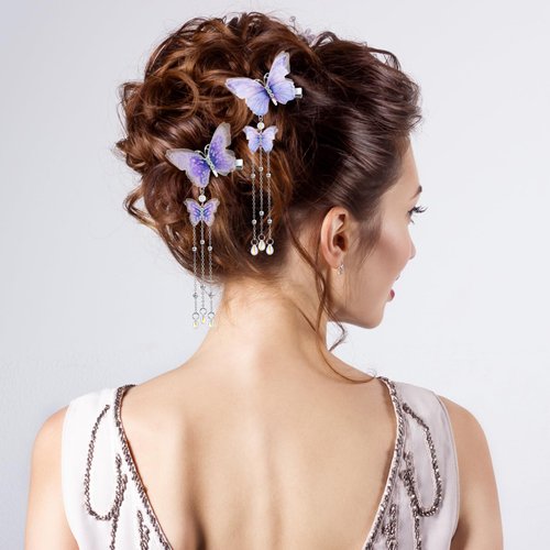 BBTO 8 Pcs Tassel Butterfly Hair Clips Organza Butterfly Hair Pins Cute Hanging Ear Butterfly Hair Accessories Bride Wedding Hair Barrettes Bobby Pins Accessory for Women Girls (Sweet Color)