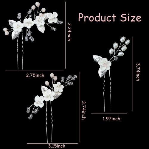 3PCS Flower Bridal Hair Pins Pearl Bride Wedding Hair Accessories Flower Wedding Hair Pins Rhinestone Hair Piece for Women and Girls (Silver)