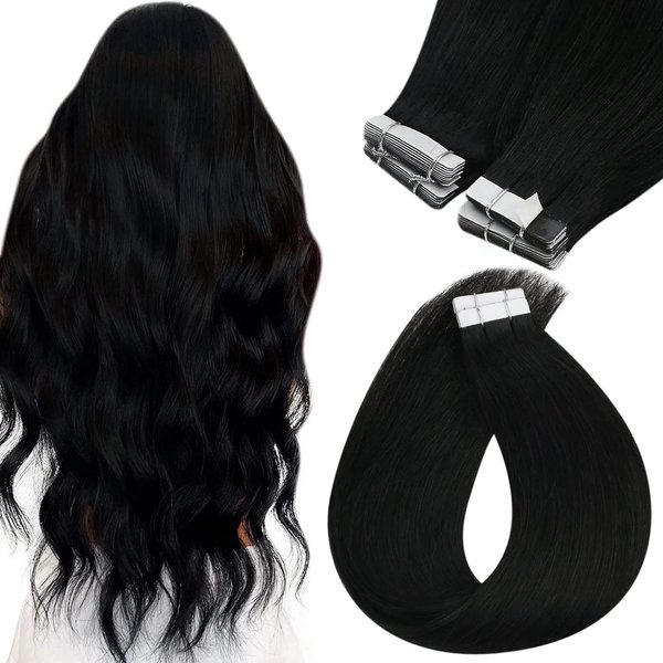 Sunny Hair Black Tape in Hair Extensions Human Hair Tape in Extensions Jet Black Invisible Tape in Extensions Hair Extensions Real Human Hair Remy Human Hair Extensions 20pcs 50g 20inch