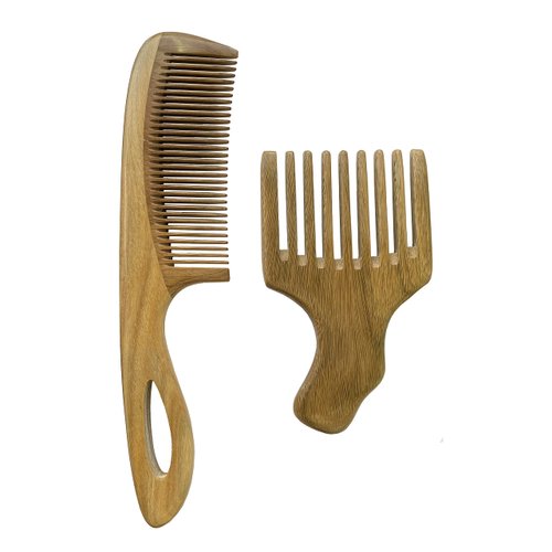 Green Sandalwood Hair Combs Gift Set - 2pcs No Static Detangling Natural Aroma Handmade Wooden Comb - Wide and Fine Tooth Combs