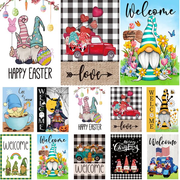 Set of 10 Gnome Seasonal Garden Flags,Double Sided 12 x 18 Inch Yard Flags,small garden flags for outside, Christmas Spring Seasonal Flags for Outdoor,Holiday Garden Flags for All Seasons