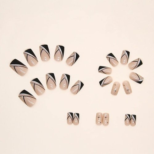 RikView Black Press on Nails Medium Length Fake Nails French Tips Nails Glossy Square Stick on Nails 24 PCS/Set