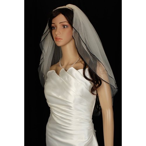 Bridal Veil Diamond (Off) White 2 Tiers Elbow Length Black Satin Ribbon Edge