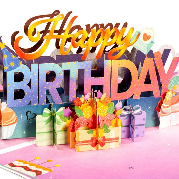 Paper Love Frndly 3D Happy Birthday Pop Up Card, Handcrafted - 100% Recycled and Eco-Friendly, 8" x 6" Cover - with Removable Note Card