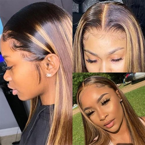 Ombre Highlight Lace Front Wig Human Hair 13x4 HD Straight Lace Front Wigs 180% Density Wear and Go Glueless Wig Human Hair Pre Plucked 4/27 Colored Honey Blonde HD Lace Frontal Wigs For Black Women