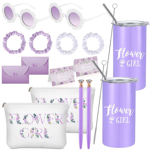 Flower Girl Proposal Gifts Flower Girl Tumblers with Straws Be My Flower Girl Card with Envelope Canvas Makeup Bag Sunglasses Hair Scrunchies Diamond Pen for Wedding Bridal Shower (Purple, 16 Pcs)