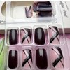 Dark Red Press on Nails Short Medium Length Square Silver Fake Nails with Glitter Line Designs Glossy Full Cover Acrylic Nails Stick on Nails Artificial Reusable False Nails for Women Manicure 24pcs