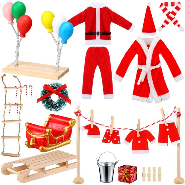 Civaner 34 Pcs Christmas Elf Costume and Accessories Set Include Mini Santa Outfits Elf Robe Scarf Hat Ladder Candy Canes Sled Gift Box Balloon Wreath and Mini Props for Xmas DIY Craft Gift