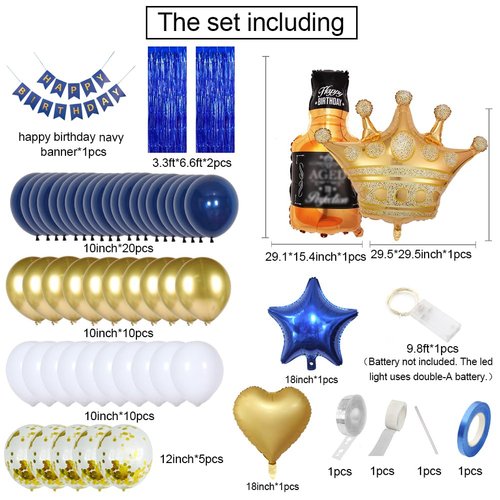 MSMANCY Navy Blue Birthday Decorations for Women Men 53pcs with HAPPY BIRTHDAY Banner Curtains Bottle Crown Heart Star LED light and Balloons for Birthday Party Supplies (Navy-blue)