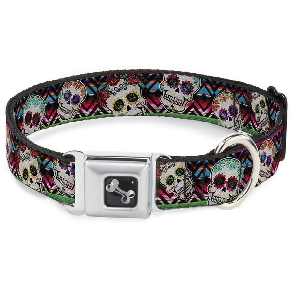 Buckle-Down Dog Collar Seatbelt Buckle Sugar Skulls Zarape Multi Color 15 to 26 Inches 1.0 Inch Wide (DC-W34561-L)