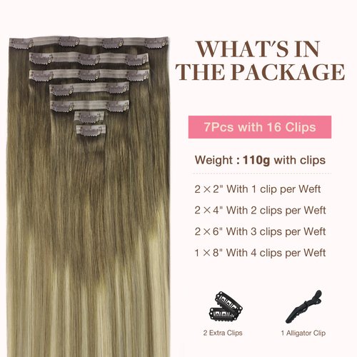 GOO GOO Clip in Hair Extensions Real Human Hair, Remy Human Hair Extensions Clip ins for Women, Natural Human Hair, 18inch 110g 7Pcs, 3/8/613 Balayage Walnut Brown to Ash Brown and Bleach Blonde