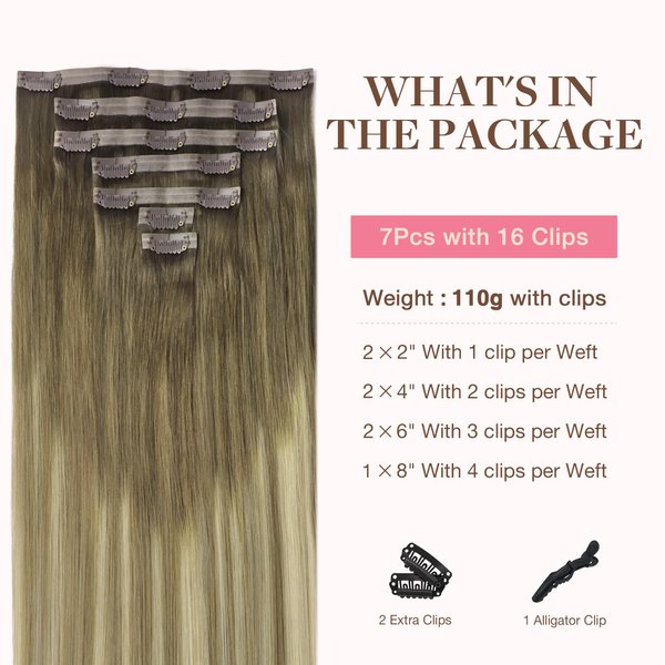GOO GOO Clip in Hair Extensions Real Human Hair, Remy Human Hair Extensions Clip ins for Women, Natural Human Hair, 18inch 110g 7Pcs, 3/8/613 Balayage Walnut Brown to Ash Brown and Bleach Blonde