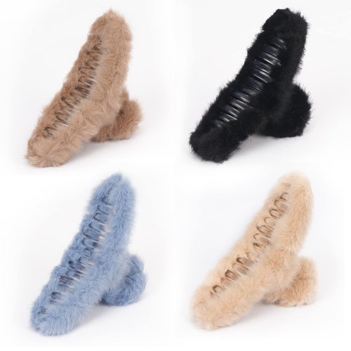 Unaone 4 PCS Hair Claw Clips for Women, Plush Hair Clips Strong Hold Non-Slip Hair Barrettes for Thick Thin Long Hair, Cute Claw Clips Hair Accessories for Girls (Black, Blue, Coffee, Beige)