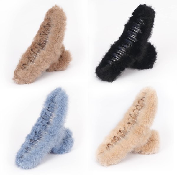 Unaone 4 PCS Hair Claw Clips for Women, Plush Hair Clips Strong Hold Non-Slip Hair Barrettes for Thick Thin Long Hair, Cute Claw Clips Hair Accessories for Girls (Black, Blue, Coffee, Beige)