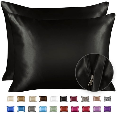 ShopBedding Black Satin Pillowcase for Hair and Skin, Silk Pillowcase Black 2 Pack, Luxury Satin Pillowcases with Zipper Closure, Satin Pillow Case Cover Standard Satin Silk Pillowcase for Hair & Skin