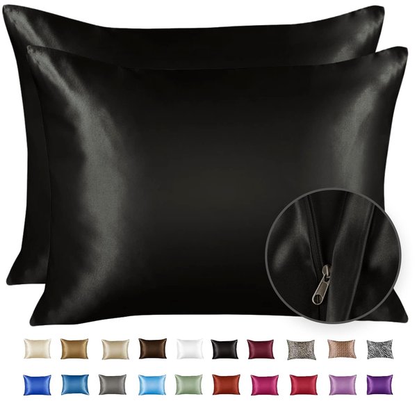 ShopBedding Black Satin Pillowcase for Hair and Skin, Silk Pillowcase Black 2 Pack, Luxury Satin Pillowcases with Zipper Closure, Satin Pillow Case Cover Standard Satin Silk Pillowcase for Hair & Skin