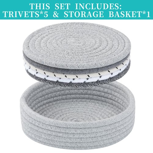 Trivets for Hot Dishes, Trivets for Hot Pots and Pans, Hot Pads for Countertops, Coasters 5 Pcs and Storage Basket 1 Pack, Pot Holders for Kitchen, Cotton Hot Mats Cooking Pad Protect Table (Mix G)