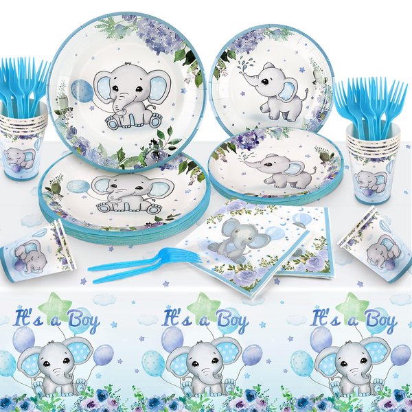 121Pcs Elephant Baby Shower Decorations Baby Shower Decorations Boy Includes Paper Plate, Napkins, Cups, Forks, Tablecloth, Elephant Theme Party Supplies for 24 Guests