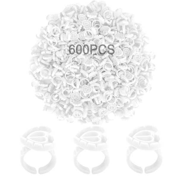 Glue Rings 600PCS Glue Rings for Eyelash Extensions, Lovely Heart Shape Lash Rings for Glue, Disposable Rings for Lashes Fan Blossom Glue Cups Holder Lashes Ring Supplies for Eyelash Extensions,White