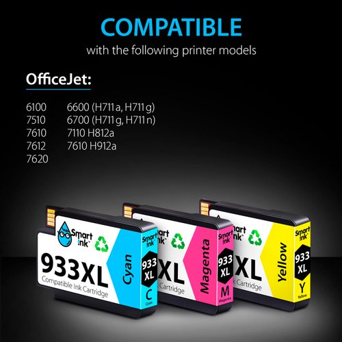 Smart Ink Compatible Ink Cartridges Replacement for HP 932XL 933XL 932 XL 933 XL (3 Combo Pack, Cyan/Magenta/Yellow) to use with HP Printer OfficeJet 6600 6700 7610 7612 6100 7510 7110 7620