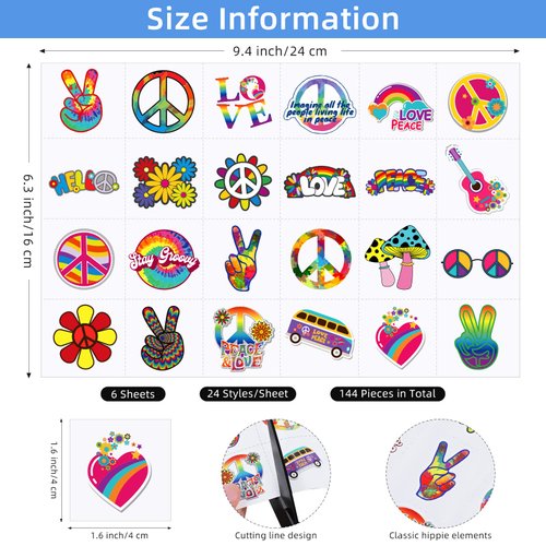 ADXCO 144 Pieces Hippie Tattoos Stickers Hippie Assorted Groovy Hippie Temporary Tattoos Waterproof Love and Peace Sign Hippie Tattoos Hippie Theme Party Tattoos for Hippie Party Favors