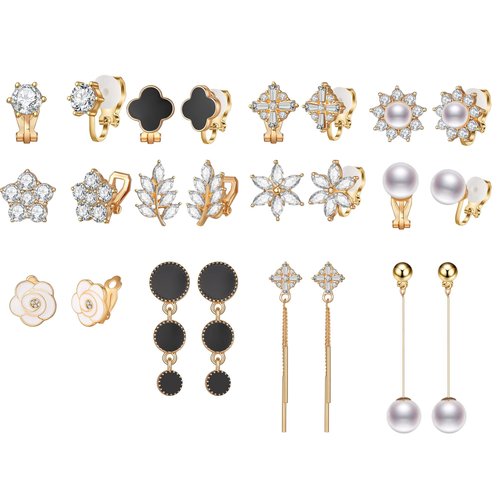 Aganippe Gold Non-Piercing Earrings Set, 12 Pairs, Dangle & Pearl, Hypoallergenic, Gift Box