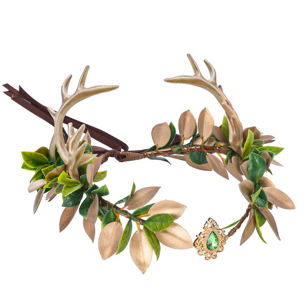 MOSTORY Handmade Woodland Antler Crown - Forest Elf Crown Fairy Headband Elf Flower Crown for Women Girls Renaissance Cosplay Easter Mardi Gras Photo Shoot Gold Green