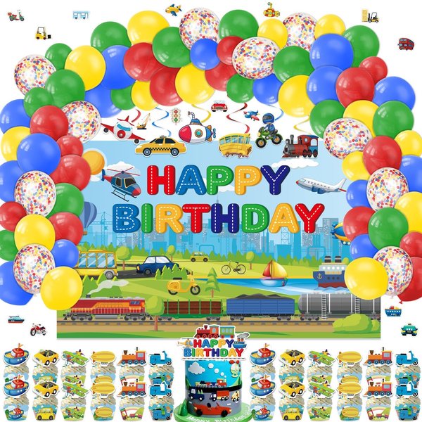 KimaruLZ Transportation Birthday Party Supplies, 185 Pcs Transportation Train Car Themed Party Decorations for Boys Girls - Backdrop, Toppers, Balloons, Cupcakes Wrappers, Hanging Swirls, Stickers