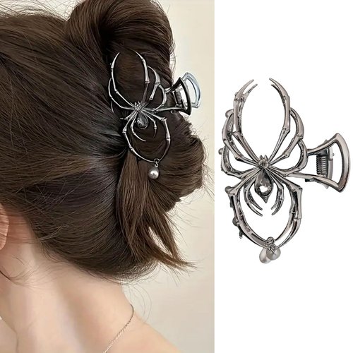 Vsdski Halloween Hair Claw Clips Metal Spider Hair Clips Punk Black Claw Clips for Thick/Thin Hair Pearl Charm Design Hair Jaw Clips Strong Hold Hair Barrettes Halloween Hair Accessories for Women