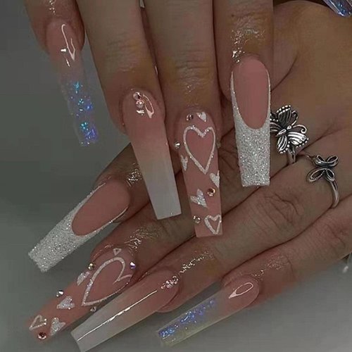 Hkanlre French Pink Press on Nails Coffin Long Heart Fake Nails Flower Full Cover Ballerina Shiny False Nails for Women and Girls 24PCS