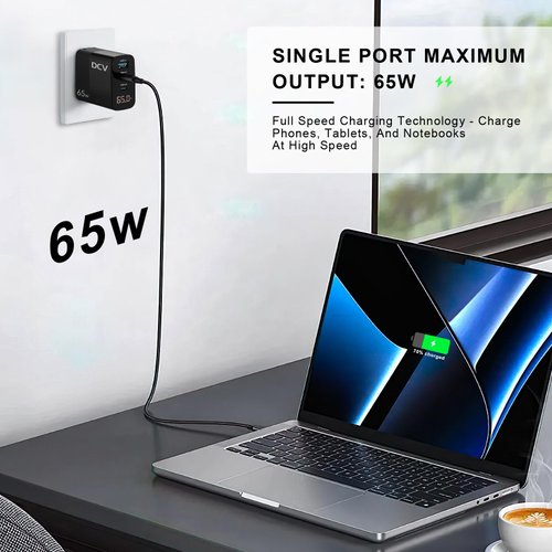 DCV 65W USB C Charger, GaN 3-Port Fast Charging Block with LED Digital Display, PD/PPS/QC 3.0 Foldable Wall Charger for Laptops, MacBook, iPhone 15/14/13, iPad Pro, Galaxy S23/S22, Note 20/10 (Black)