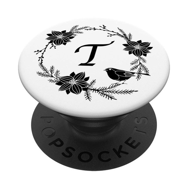 Cell Phone Pop Out Holder,Black and White Floral Letter T PopSockets Grip and Stand for Phones and Tablets