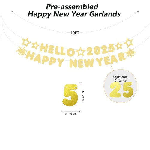 Hello 2025 Happy New Year Decorations Banner – Pre-Assembled Glitter Gold Party Garland for New Year’s Eve Celebration, Hanging Festive Decor for Indoor and Outdoor Party Supplies