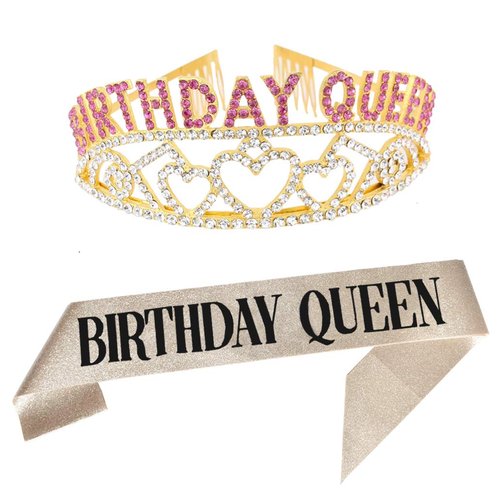 Birthday Queen Tiara and Sash Happy Birthday Party Supplies Crystal Tiara Crown for 18th 20th 21st 30th 40th 50th 55th 60th 65th 70th 80th 90th 100th Birhtday Decorations