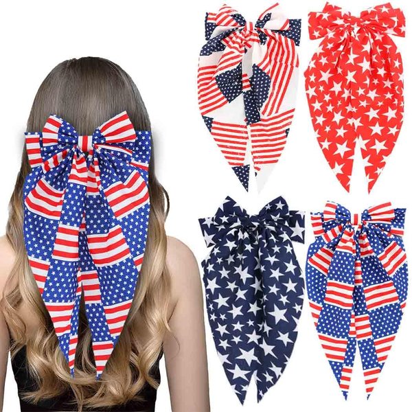 Jewemia Big Hair Bows for Women Red White Blue Hair Bow Hair Clips July 4th Silky Satin Wide Bow Hair Barrettes Independence Day Hair Accessories Gifts for Women and Girls 4pcs