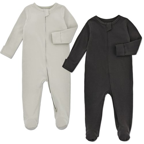 Aablexema Baby Pajamas with Feet and Mittens 2-Pack Zip Up Infant Cotton Long Sleeve Footies Sleep and Play (Light Grey & Black Grey,Newborn)